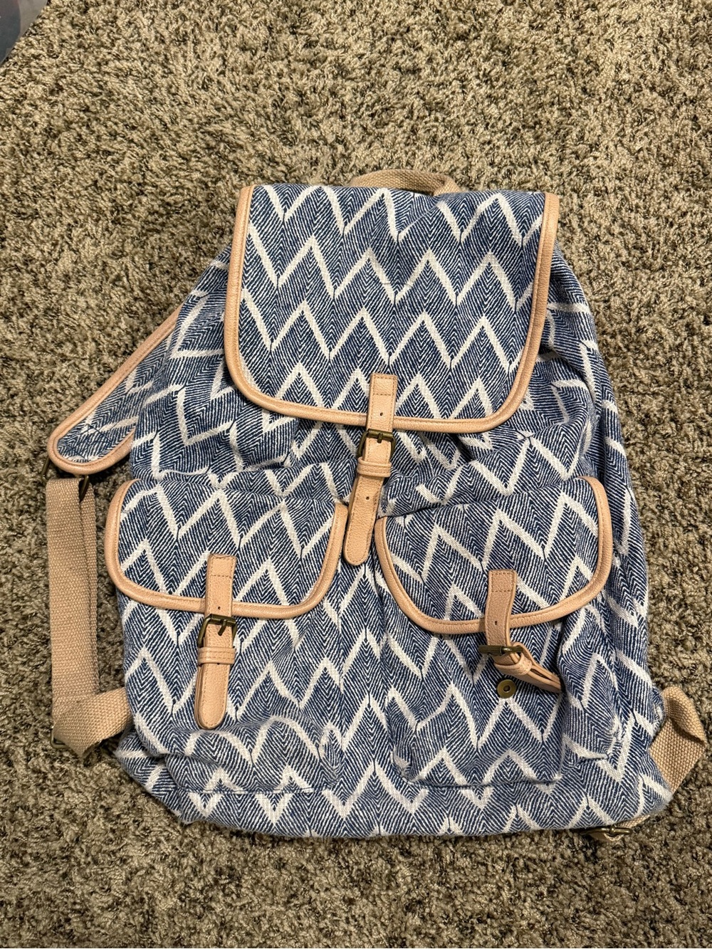 Mossimo Supply Co. Blue Chevron Canvas Backpack with Tan Trim and Pockets